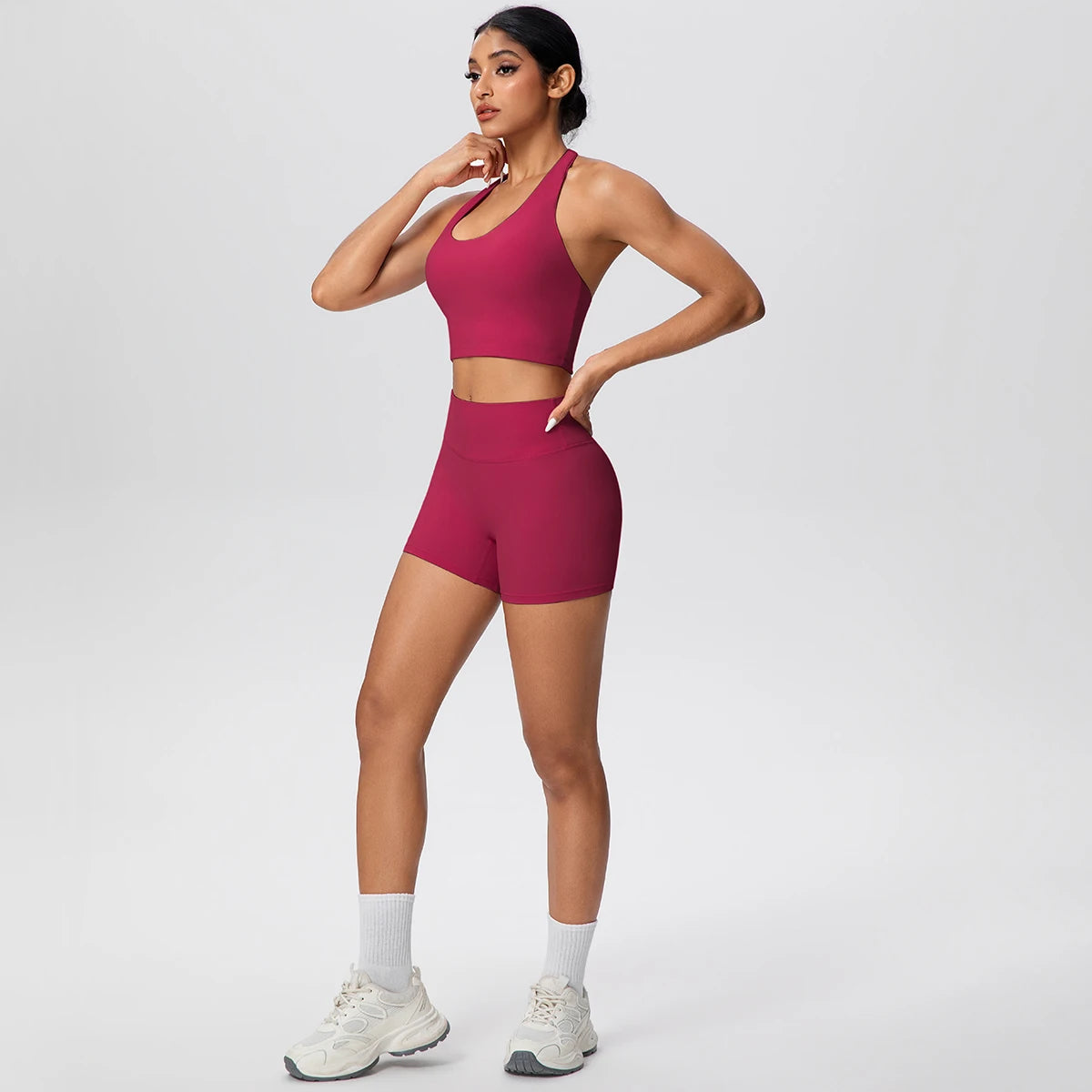 Woman Gym Yoga Set High Waisted Lifting Buttocks Sports Yoga Shorts Breathable Sexy Beautiful Back Halter Bra Chest Pad Yoga Set - ATFH