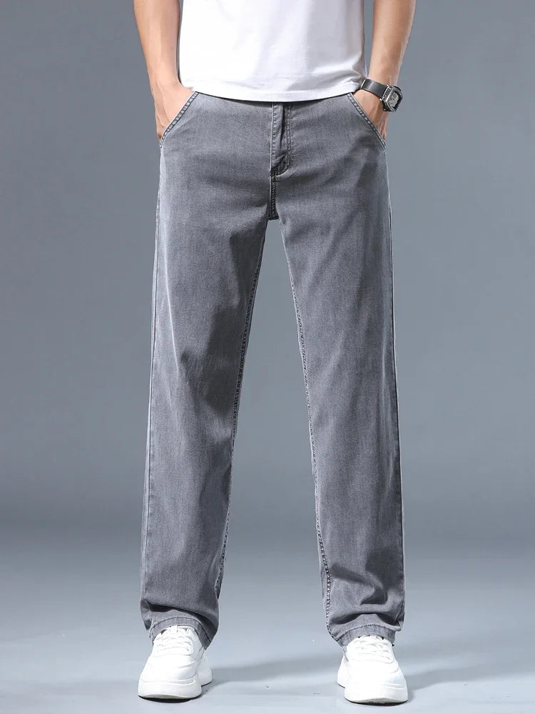 Summer Thin Men's Loose Straight Jeans Lyocell Soft Drape Business Casual Trousers Classic Smoke Gray Brand Ice Silk Pants ATFH