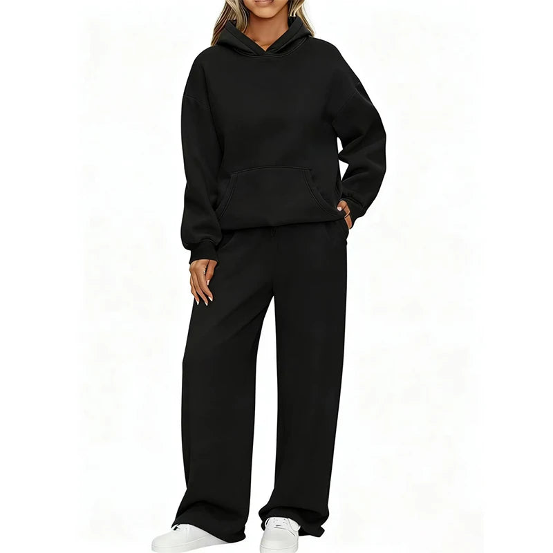 Autumn Winter Women Hoodie+Wide leg pants two pieces Casual pullover loose long sleeve tracksuit comfortable sports Women suit