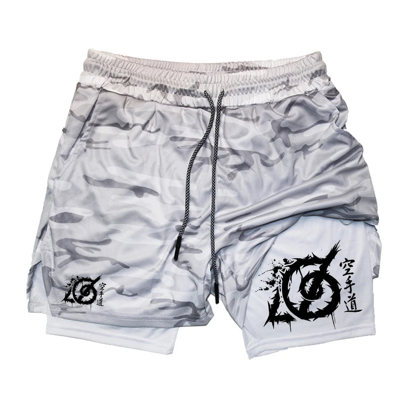 Karate Graphic 2 in 1 Workout Running Shorts for Men Gym Athletic Sport with Compression Liner Phone Pocket Towel Loop