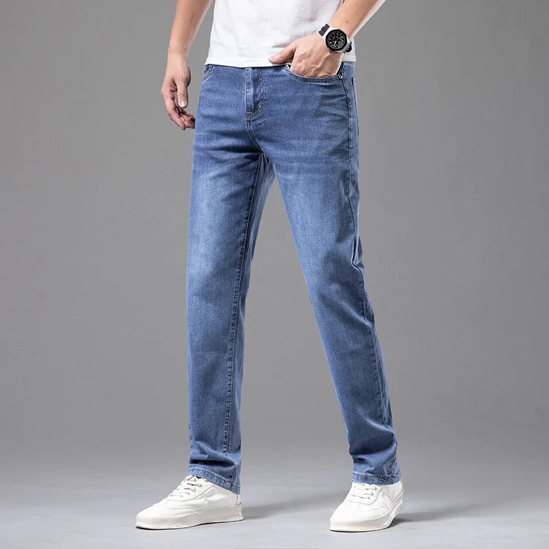 Summer Thin Men's Elastic Cotton Jeans Fashion Gray Comfortable Business Straight Casual Pants Brand Male Clothes Trousers ATFH