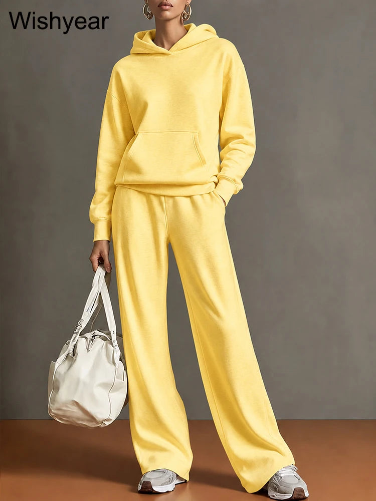Gray Women’s Cozy Hoodie Set Long Sleeve Hooded Top Wide Leg Pants Casual Sporty Street Travel Fall Winter Two Piece Outfit