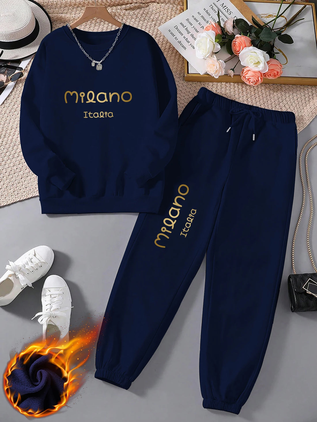 Autumn and Winter Essential Fleece-Lined Thickened Crewneck Sweatshirt Set, European and American Trendy Couple's Sweatshirt and Sweatpants Two-Piece Set, Women's Loose Oversize Sweatshirt + Long Pants, Long-Sleeve Regular Fi