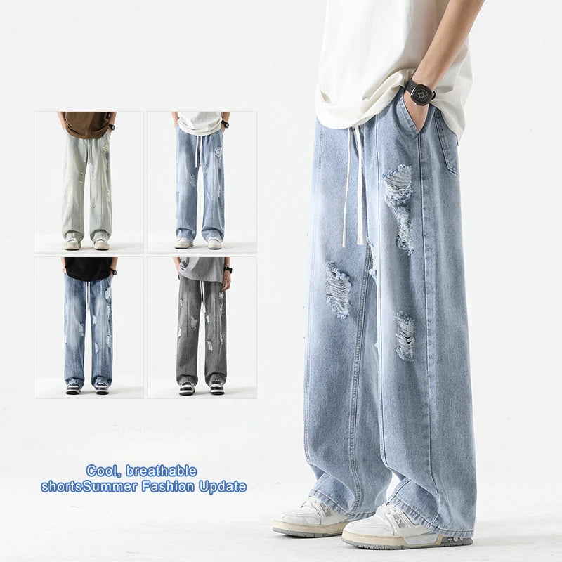 Men's Summer Ripped Jeans Loose Straight Leg Retro Men Draw Rope Port Fashion Brand All-match Casual Pants ATFH