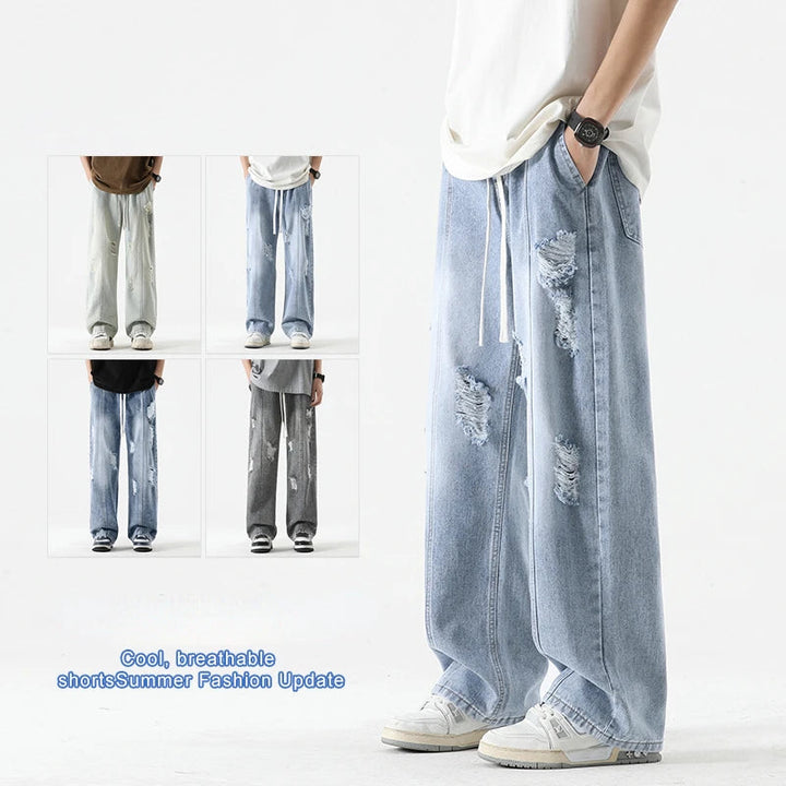 Men's Summer Ripped Jeans Loose Straight Leg Retro Men Draw Rope Port Fashion Brand All-match Casual Pants ATFH