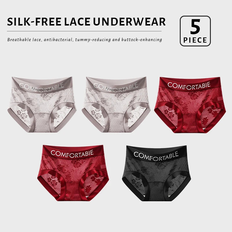 FallSweet 5PCS Ultra-Thin Lace Panties for Women Floral Mid-Rise Transparent Briefs Seamless Underpants Lingerie Calzones Mujer