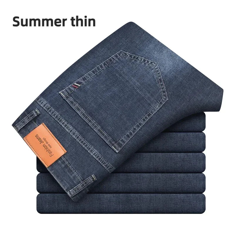 2024 Brand Thin or Thick Material Men's Elastic Cotton Jeans Fashion Gray Comfortable Denim Business Casual High Waist Pants ATFH