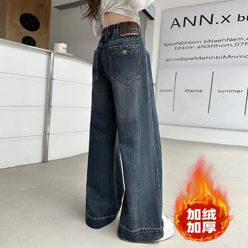New Girls Fleece Lined Jeans Autumn Winter Thick Warm Kids Straight Leg Trousers Children's All-In-One polar fleece Denim Pants ATFH