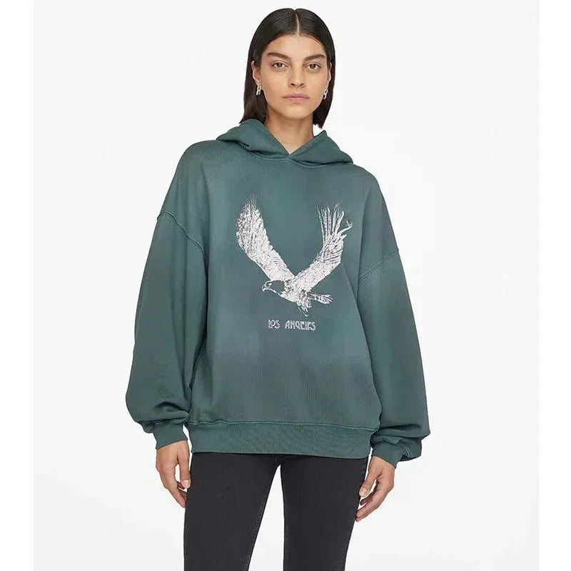 2026 Autumn Spring New North American Niche Classic Letter Printing Dyeing Fried Color Old Washing Water Women's Hooded Sweater - ATFH