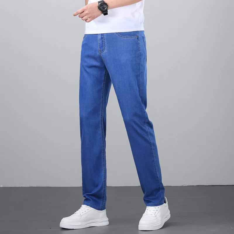 2026 Spring Summer 70% Lyocell Jeans Regular Fit Straight Ice Silk Style Business Casual Light Blue Stretch Cotton Denim ATFH
