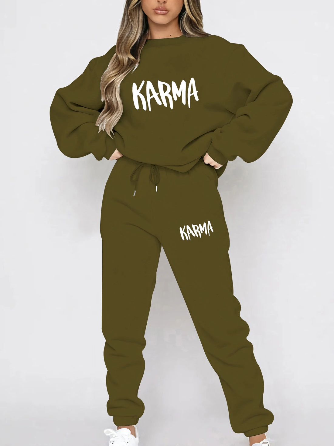 Autumn and Winter Season Lazy Print Long-Sleeve Set, Loose Casual Fit Sweatshirt, Jogger Pants, Casual Sweet Lazy Comfortable Pullover, Crew Neck Sweatshirt + Wide-Leg Pants Two-Piece Set for Party and Commuting, Women's Clot
