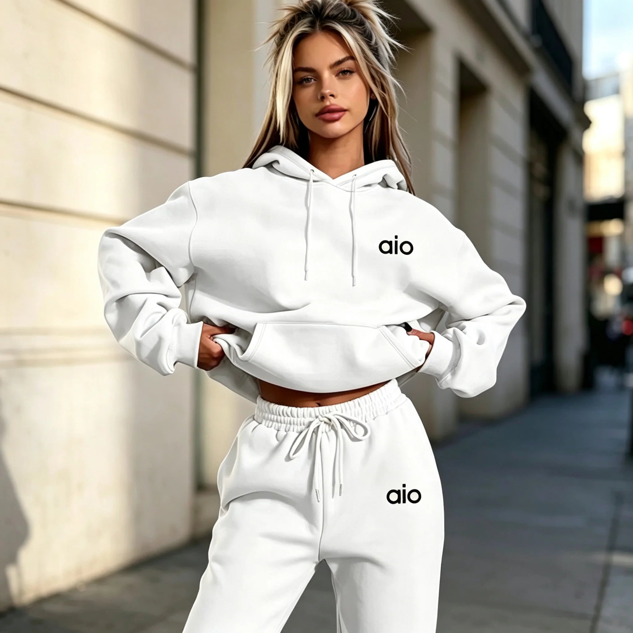 ai Printing High Quality Women Monochrome Hooded Hoodie Set Casual Two-Piece Set New Fashion Hot sweatpants tracksuit 2026