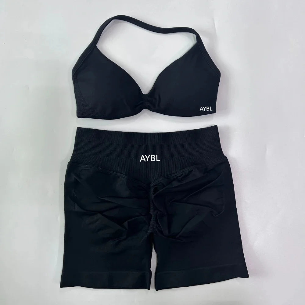 Trendy 2PCS Gym Set Women Strappy Yoga Bra Top High Waist Workout Scrunch Shorts Sports Suit Seamless Yoga Set Fitness Clothes Tahsi Fashion House
