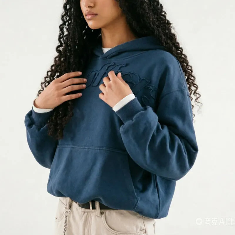 Raw-edge appliqué Sweatshirt y2k Fashion Street styl Men's / Women's Casual Hoodies High Quality Cotton Loose Pullover Tops - ATFH