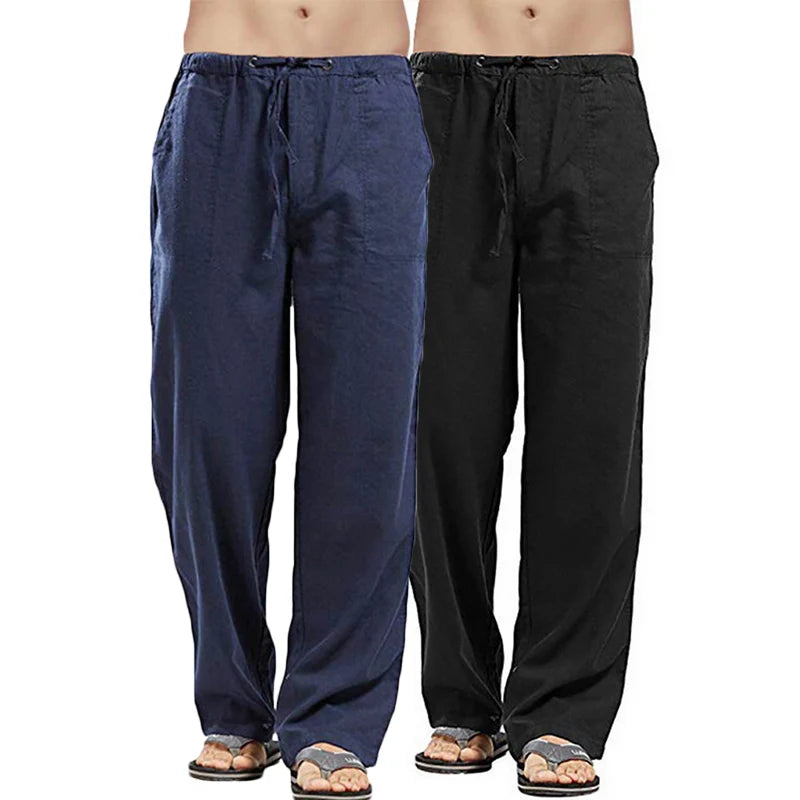 New Breathable Linen pants Mens 2-Pcs Summer Lightweight Cool Casual Pants Loose Drawstring Trousers Outdoor Work Classic Pants