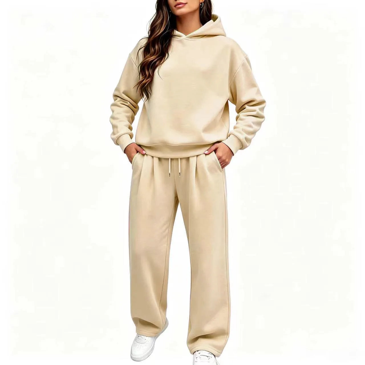 Casual Hooded Sweatshirt Set 2026 Autumn And Winter Solid Color Long Sleeved Women's Fashionable Loose Women's Top Two-piece Set