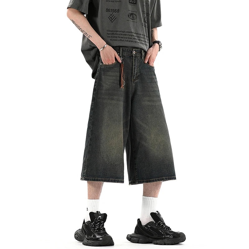 black Baggy Denim 5 Shorts Wide Leg Pants Men Fashion High Waisted Over the knee Jeans Shorts Oversize 6 7 8six-seven point pant ATFH