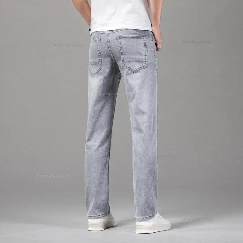 Summer Thin Men's Elastic Cotton Jeans Fashion Gray Comfortable Business Straight Casual Pants Brand Male Clothes Trousers ATFH