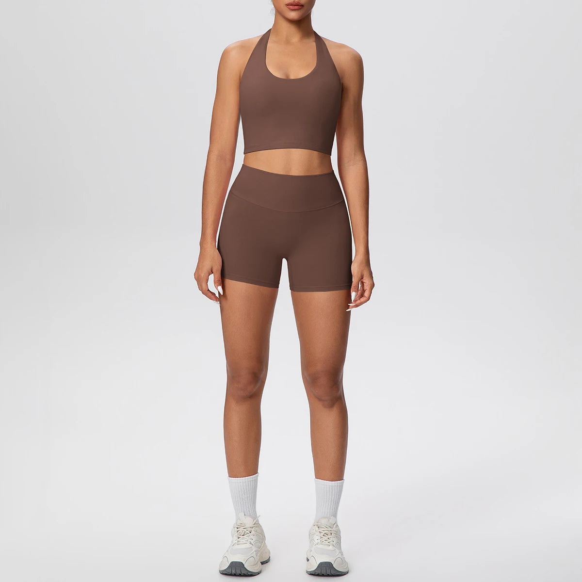 2picese Women Yoga Suit Solid Color High Waist Hip Push Up Fitness Shorts Sexy Pilates Backless Gym Hanging Neck Bra Yoga Set