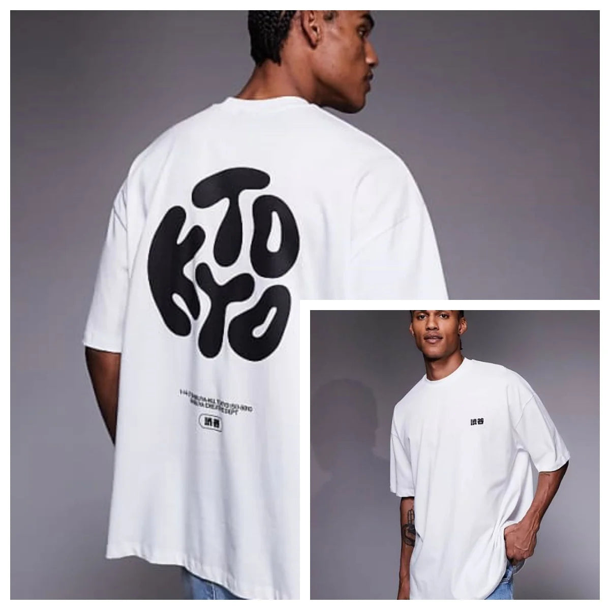 Oversized T-shirt with Kyoto Text Print in White High-end Luxury Unisex Style Both of Men and Women ATFH