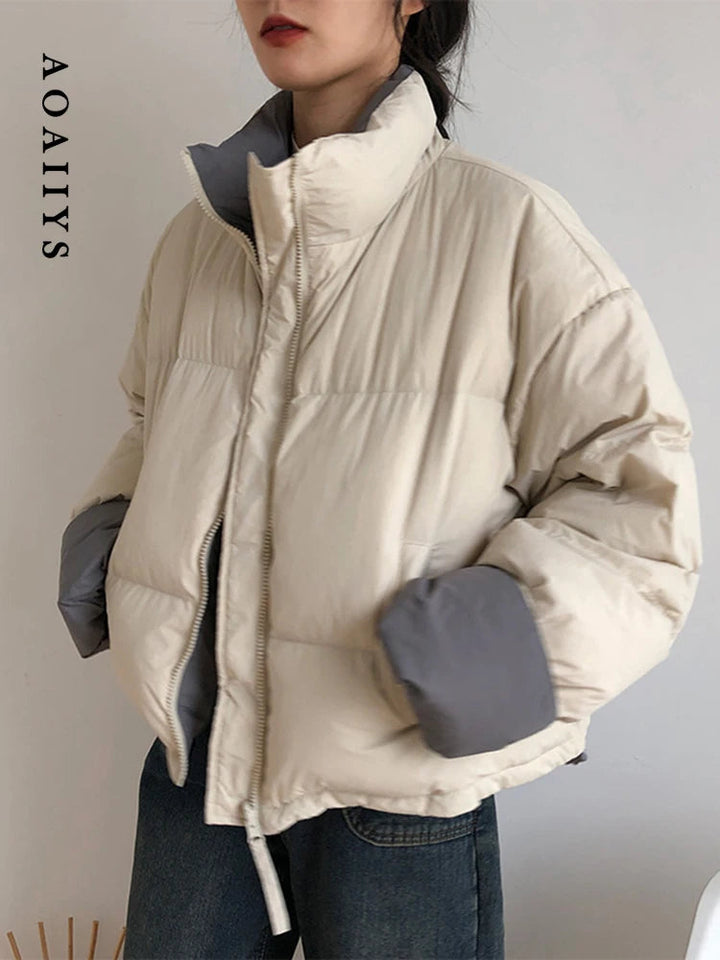 Aoaiiys Parkas Women Contrast Color Spliced Long Sleeve Outerwear Autumn Winter New Down Cotton Korean Casual Loose Jackets Coat ATFH