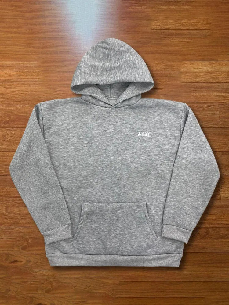 Unisex Heather Grey Hoodie Left Chest Star Gothic Letter Small Print Kangaroo Pocket Loose Y2K Streetwear Pullover Sweatshirt