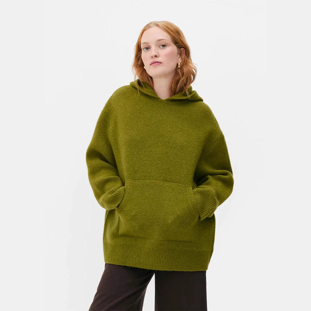 Casual Hooded Knitted Women's Sweater Solid Color Loose Full Sleeve Pocket Lady Pullover 2025 Autumn Winter New Female Top - ATFH