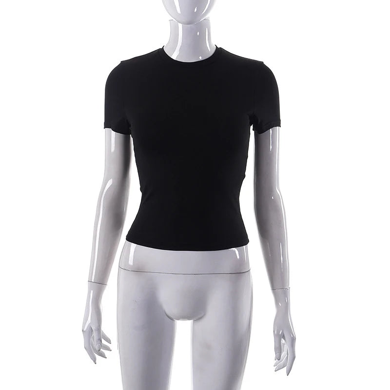 Spring New Short Sleeve T-Shirt Women Solid Simple Casual Soft All-Match Hot Basic Crop Tops Tees Summer Fashion - ATFH