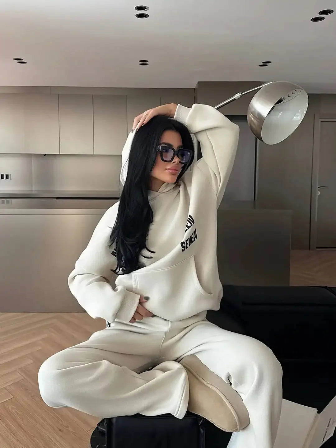 Casual Letter Hooded Sweatshirt Set Women Full Sleeve Hoodie Elastic Waist Straight-leg Pants Suit New Lady Spring Street Outfit