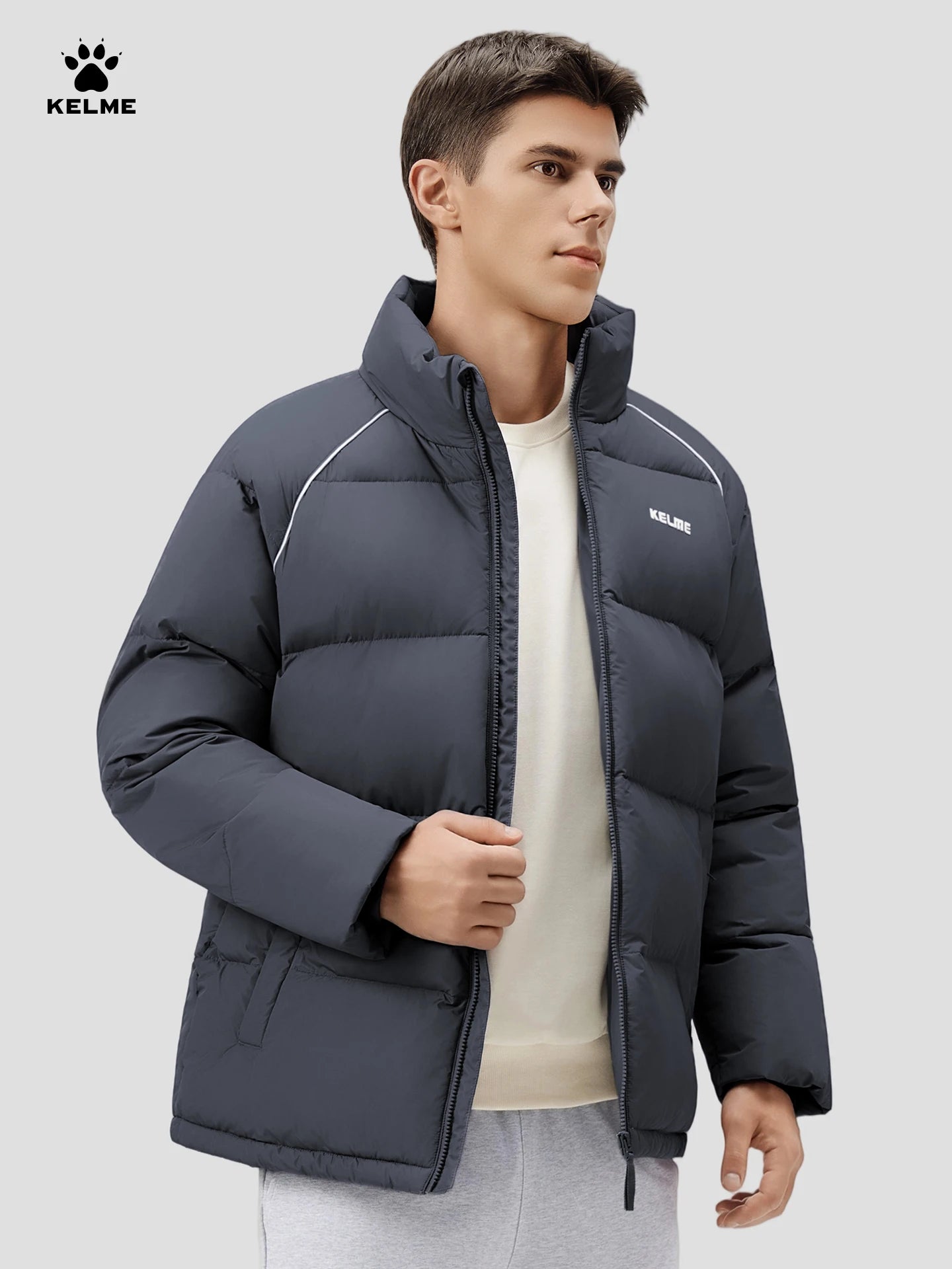Kelme Men's Warm Cotton Jacket, Casual Stand Collar Loose Fitting Bread Jacket, Outdoor Comprehensive Training Jacket