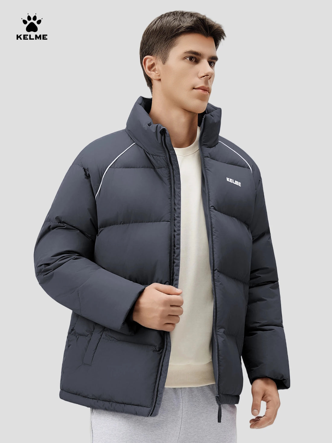 Kelme Men's Warm Cotton Jacket, Casual Stand Collar Loose Fitting Bread Jacket, Outdoor Comprehensive Training Jacket