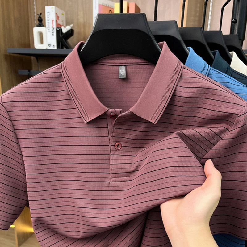 Personalized striped short sleeve polo shirt men's fashion summer new breathable comfort high-quality business casual T-shirt