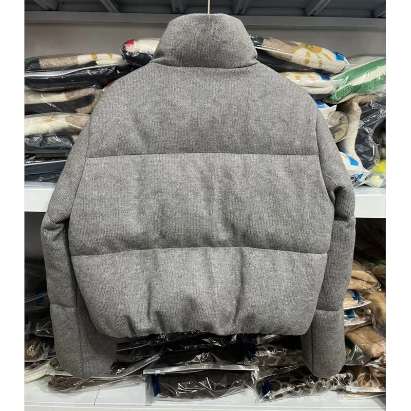 Fashion Knitted Cotton Jacket Coat Women Autumn Winter 2025 New Chic Thicken Warm Long Sleeved Stand Collar Zipper Short Coats ATFH