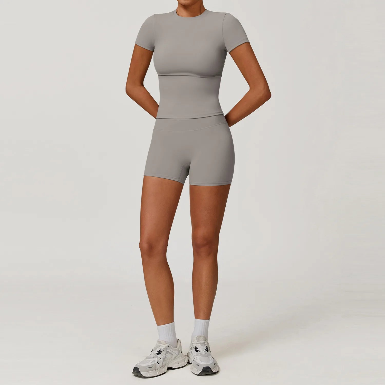 Women  Yoga Set 2PCS Workout Set Sportswear Gym Clothing Fitness Long Sleeve High Waist Leggings Cycling Shorts Sports Suits - ATFH