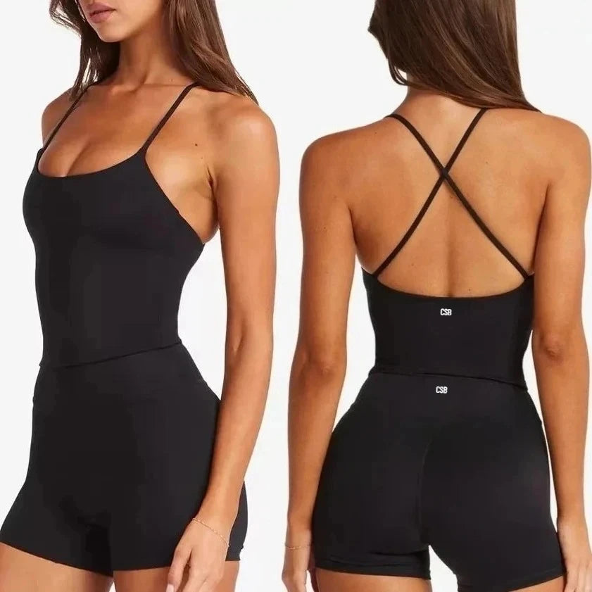 2026CSB Criss Cross Back Padded Cami Tank Top High Waist Biker Shorts Leggings Women Gym Pilates Workout Yoga Active Sportswear
