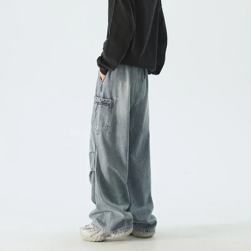 Autumn High Street Pleated Cargo Jeans For Men Pocket Straight Wide-leg Denim Pantalones Hombre Hip Hop Fashion Y2K Baggy Jean ATFH