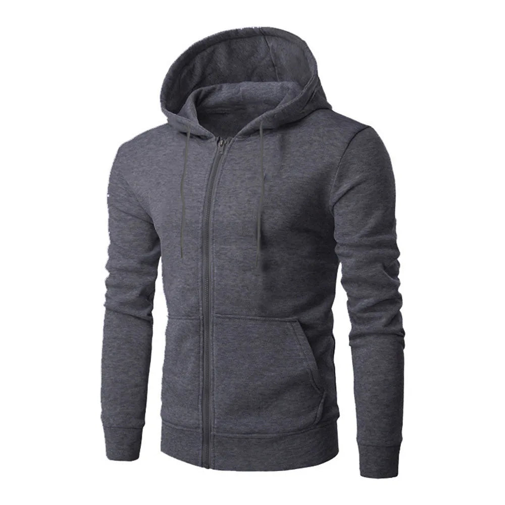 Men's Hoodie Solid Color Basic Hooded Jacket Cardigan Sweatshirt Spring Autumn Casual Men Streetwear Tracksuit Male - ATFH