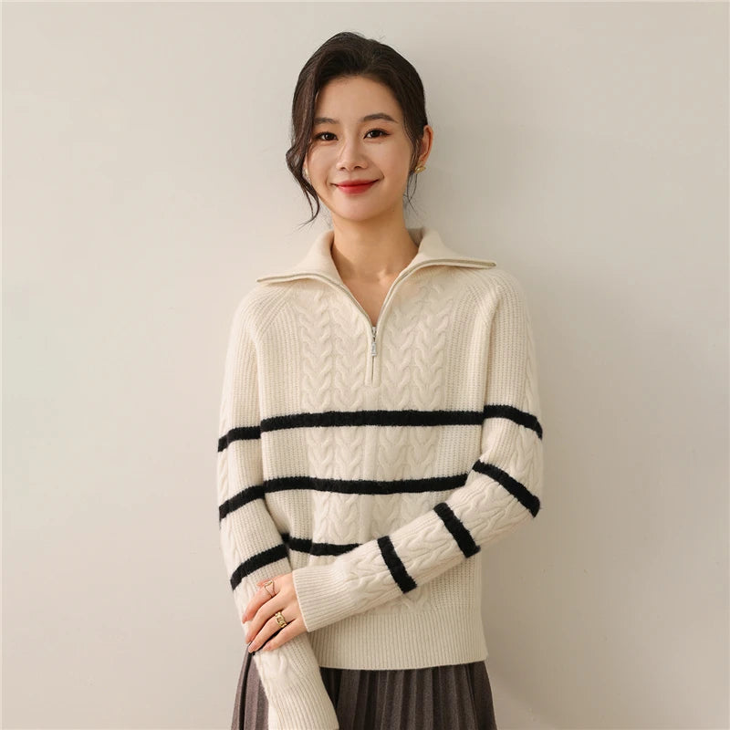 New Ladies Pullover 100% Merino Wool Loose Striped Color Blocking Sweater Autumn Winter Knit Thick Clothing Warm Soft Casual Top - ATFH