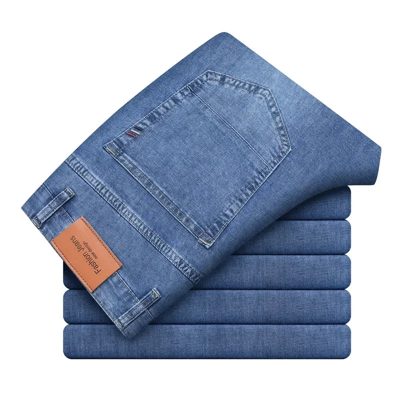 Summer Thin Men's Cotton Jeans New Fashion Gray Elastic Straight Business Casual Pants Comfortable Brand Trousers ATFH