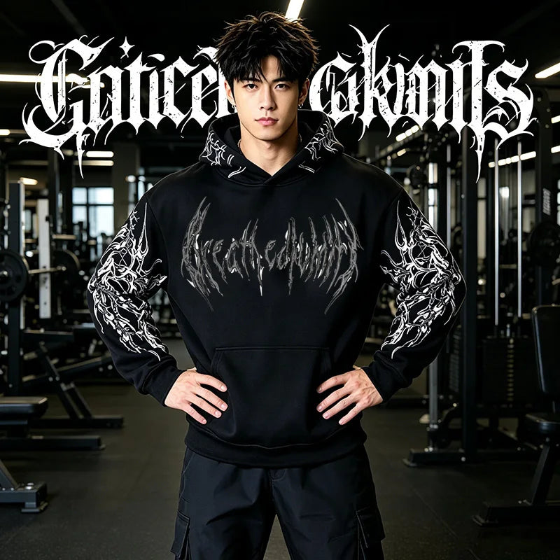 Men Gothic Punk Letter Print Hoodie Y2K Hip Hop Streetwear Pullover Sweatshirt Dark Pattern Casual Hooded Tops With Pocket