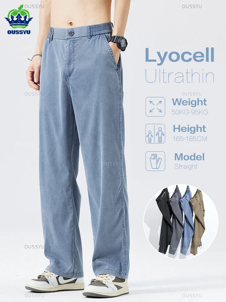 Summer Ultrathin Soft Lyocell Fabric Men's Jeans Breathe Loose Straight Pants Elastic Waist Korea Casual Trouser Plus Size M-5XL ATFH