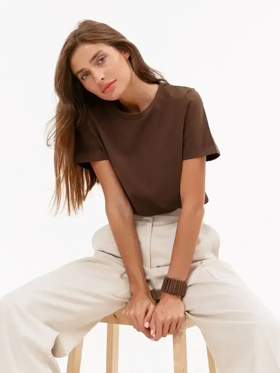 Bornladies Summer 100% Cotton Women's T-shirt Bottoming Basic Fashionable Solid Lady Short Sleeve Loose Tops Shirts 230g/㎡ Tops - ATFH
