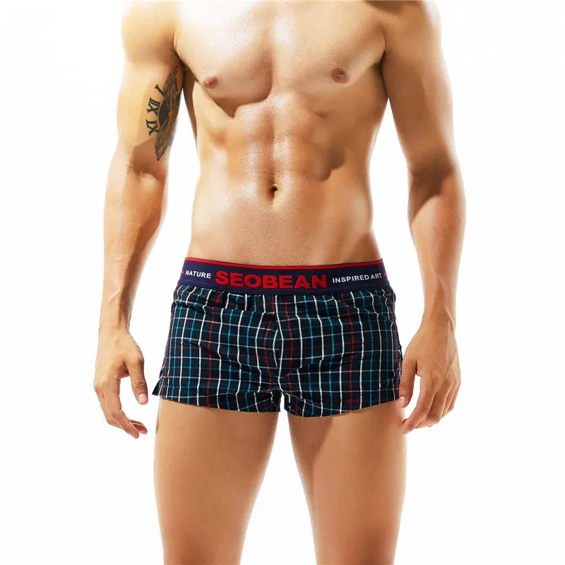 SEOBEAN Classic Plaid Mens Boxer Shorts 100% Cotton Underwear Boxershorts U convex Pouch Arrow Panties Shorts Men Sleep Bottoms