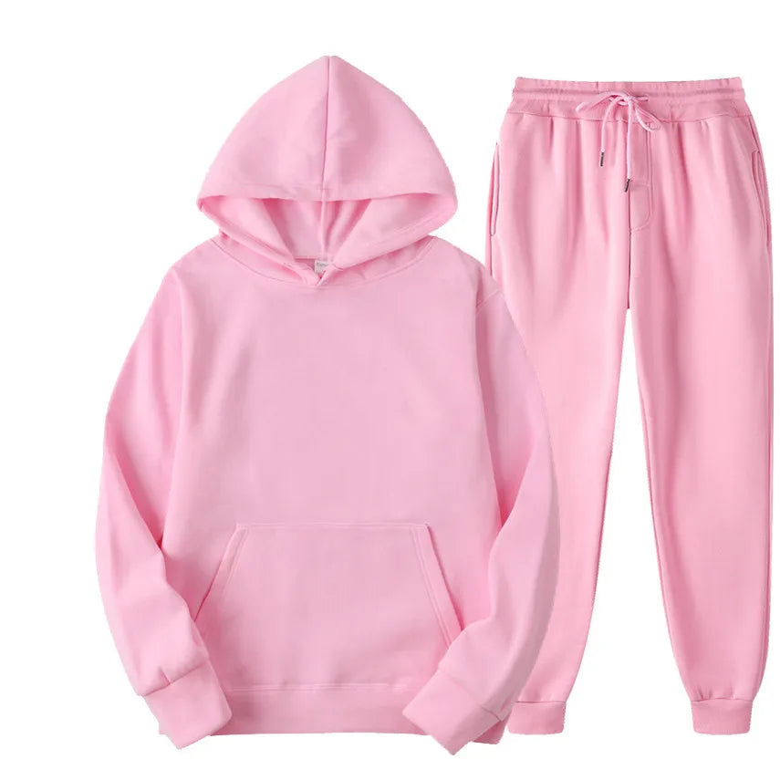 Autumn/Winter New Men's Solid Color Hoodie+Sports Pants Two Piece Outdoor Casual Fashion Loose Large Sports Set - ATFH