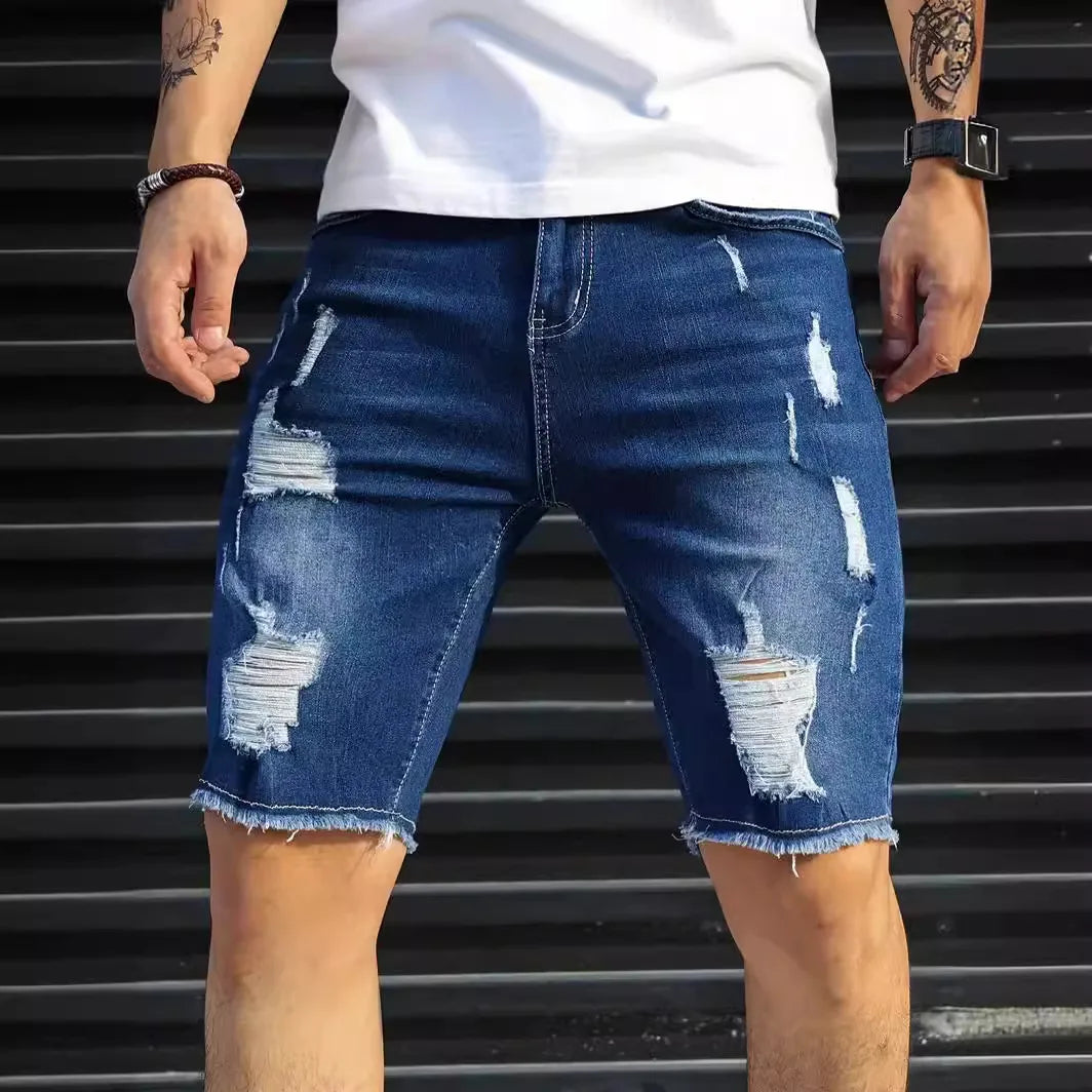 Summer Ripped Jeans Men Stretch Denim Shorts Male Short Jeans Slim Straight Shorts Fashion Black Jeans Man Clothes Streetwear ATFH