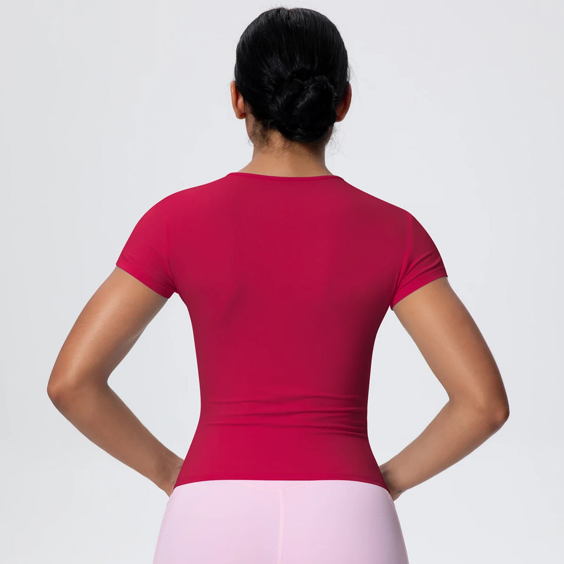 Woman Solid Color Workout Top T-Shirt Quick Drying Breathable Short Sleeve Gym Sports Running Slim Casual Yoga Top Clothing - ATFH