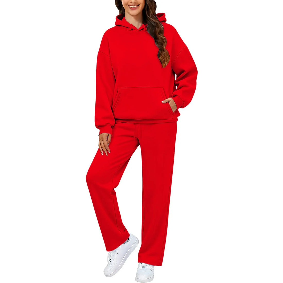 Autumn Winter Women Hoodie+Wide Leg Pants Two Pieces Casual Fleece Loose Long Sleeve Tracksuit Comfortable Sports Women Suit