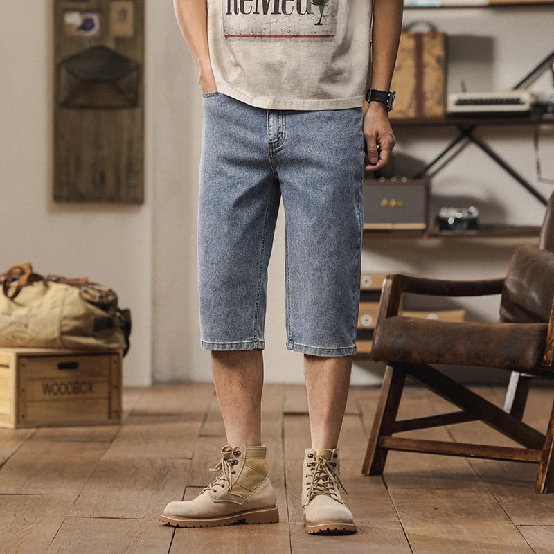 2025 New American retro cropped men wide leg jeans Y2k Gothic washed loose straight casual couple shorts sweatpants ATFH