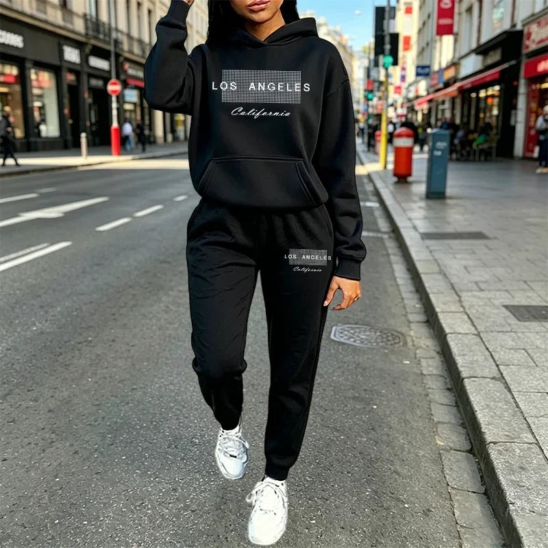 Autumn Winter Women's 2 Pcs Suits Print Casual Hooded Sweatshirt Outfits Sports Jogging Clothing Fashion Street Woman Pants Sets