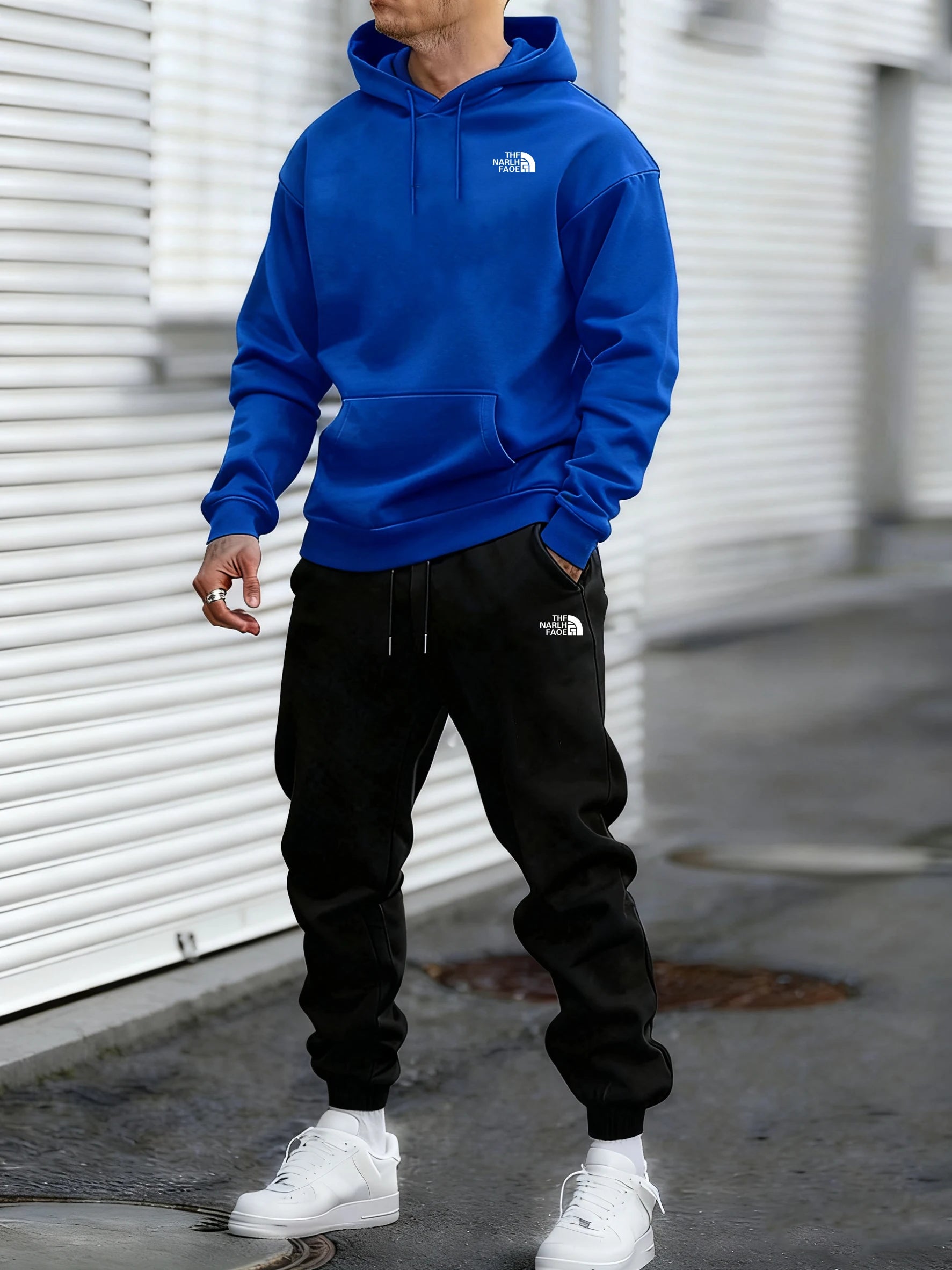 Men's Autumn and Winter Pattern Casual Two-Piece Set Hooded Sweatshirt and Pants withPockets Regular Fit Qutdoor Sport Suit - ATFH